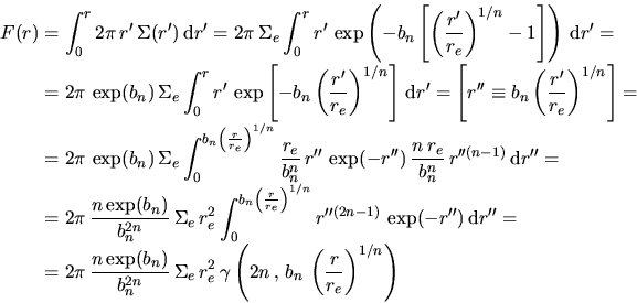 \begin{displaymath}\begin{split}F(r)&= \int_0^r 2\pi \,r' \,\Sigma(r') \,\mathrm...
...\, b_n\,\left(\frac{r}{r_e}\right)^{1/n} \right)\\ \end{split}\end{displaymath}