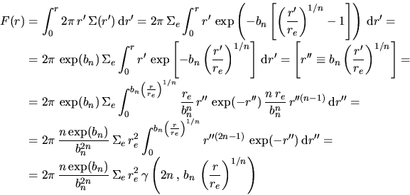 \begin{displaymath}\begin{split}F(r)&= \int_0^r 2\pi \,r' \,\Sigma(r') \,\mathrm...
...\, b_n\,\left(\frac{r}{r_e}\right)^{1/n} \right)\\  \end{split}\end{displaymath}