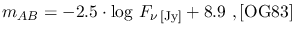 $\displaystyle m_{AB}=-2.5\cdot\log\,F_{\nu\,\textrm{[Jy]}}+8.9~,\textrm{[OG83]}$