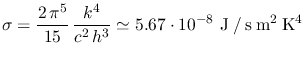 $\displaystyle \sigma = \frac{2\,\pi^5}{15}\,\frac{k^4}{c^2\,h^3} \simeq 5.67\cdot10^{-8}~\mathrm{J \: / \: s \: m^2 \: K^4}$