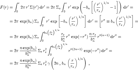 \begin{displaymath}\begin{split}F(r)&= \int_0^r 2\pi \,r' \,\Sigma(r') \,\mathrm...
... b_n\,\left(\frac{r}{r_e}\right)^{1/n} \right)~, \\ \end{split}\end{displaymath}
