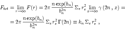 \begin{displaymath}\begin{split}F_{tot}&= \lim_{r \rightarrow \infty} F(r) = 2\p...
...e^2 \,\Gamma(2n) \equiv k_n \,\Sigma_e \,r_e^2~, \\ \end{split}\end{displaymath}