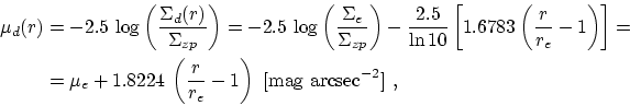 \begin{displaymath}\begin{split}\mu_d(r)&=-2.5\,\log\left(\frac{\Sigma_d(r)}{\Si...
...frac{r}{r_e}-1\right) ~\mathrm{[mag~arcsec^{-2}]}~, \end{split}\end{displaymath}